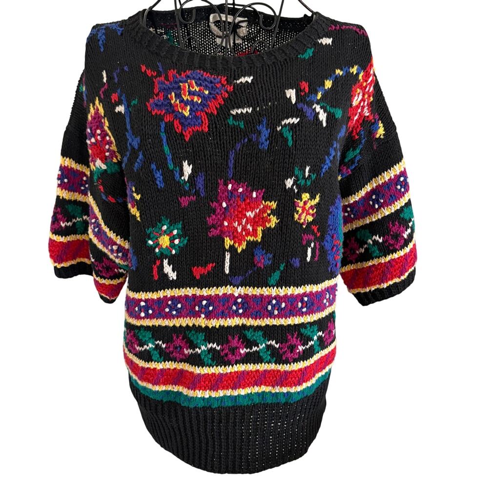 Vintage Jennifer Reed Hand Knit Nordic Floral Cotton Sweater Elbow Sleeve Retro